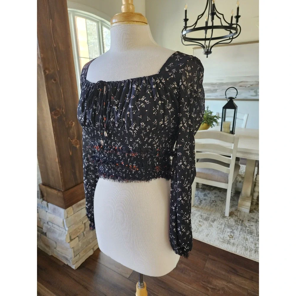 Free‎ People Boho Black Floral Smocked Lolita Long Sleeve Square Neck Womens XS